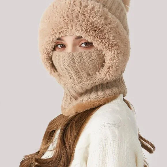 Warm Winter Fleece Beanie Face Mask Neck Scarf Set Ski Snow Knit - Picture 3 of 7